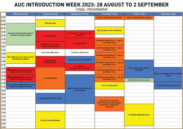 Final programme of Introduction Week in block schema