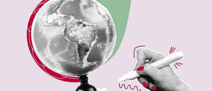 A cartoon globe and writing hand icon